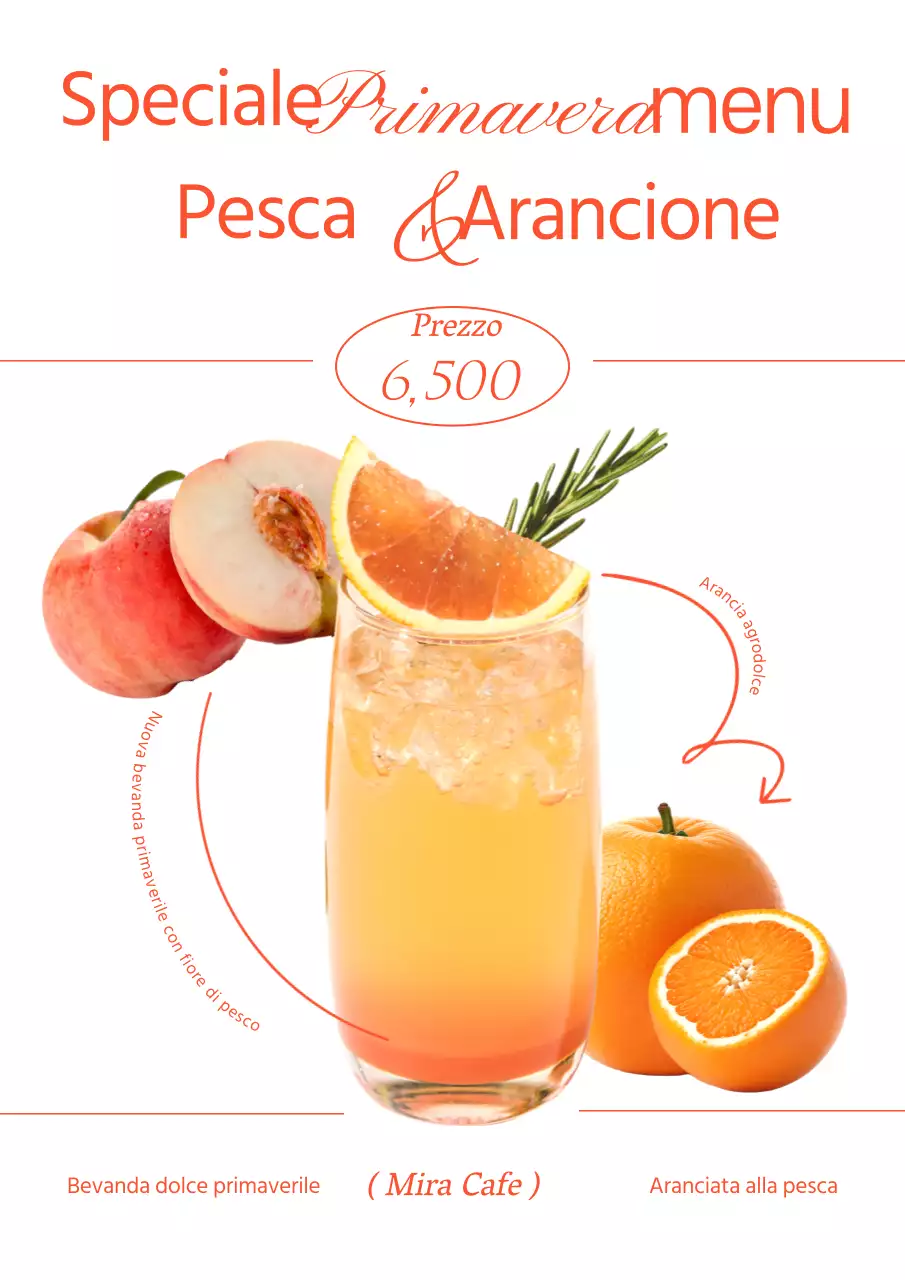 Poster promozionale della bevanda arancione alla pesca, semplice e primaverile, di colore arancione