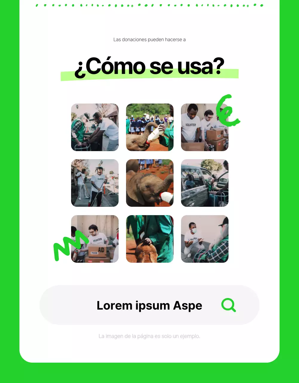 Información sencilla sobre el patrocinio de ONG en blanco y colores fluorescentes