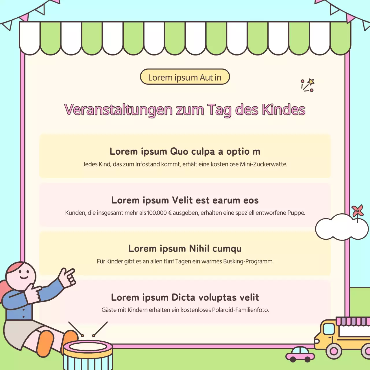 Werbung für eine kitschige Kindertagsveranstaltung in Rosa und Chartreuse