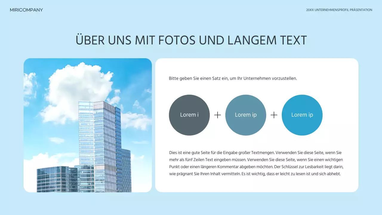 Ein einfaches Unternehmensprofil in Hellblau und Blau