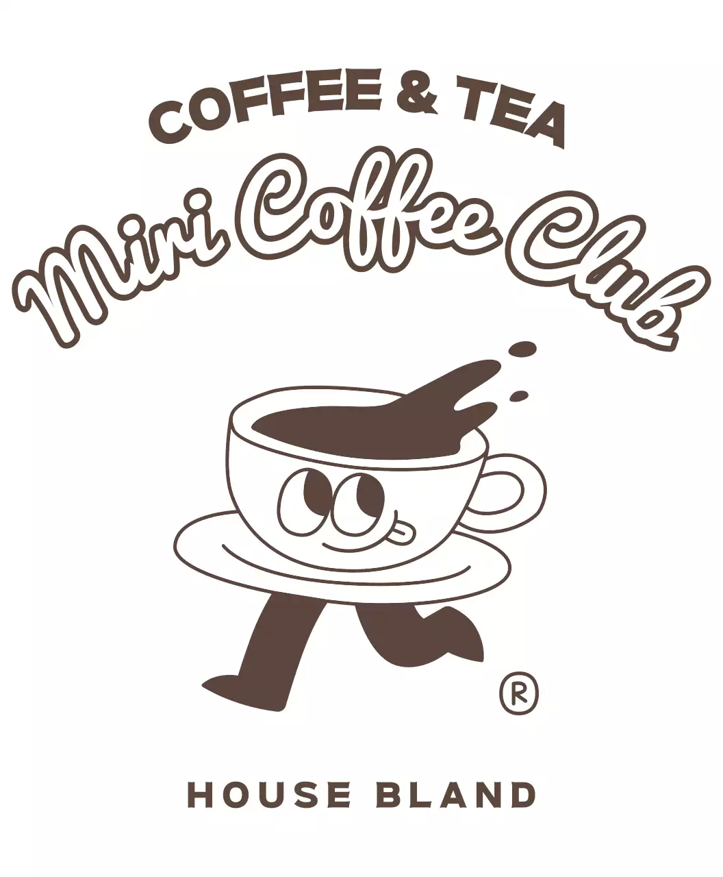 温かみのある茶色と白のかわいいコーヒーカップのキャラクターシンボルとヴィンテージムードのテキストロゴの組み合わせのバリスタTシャツ。