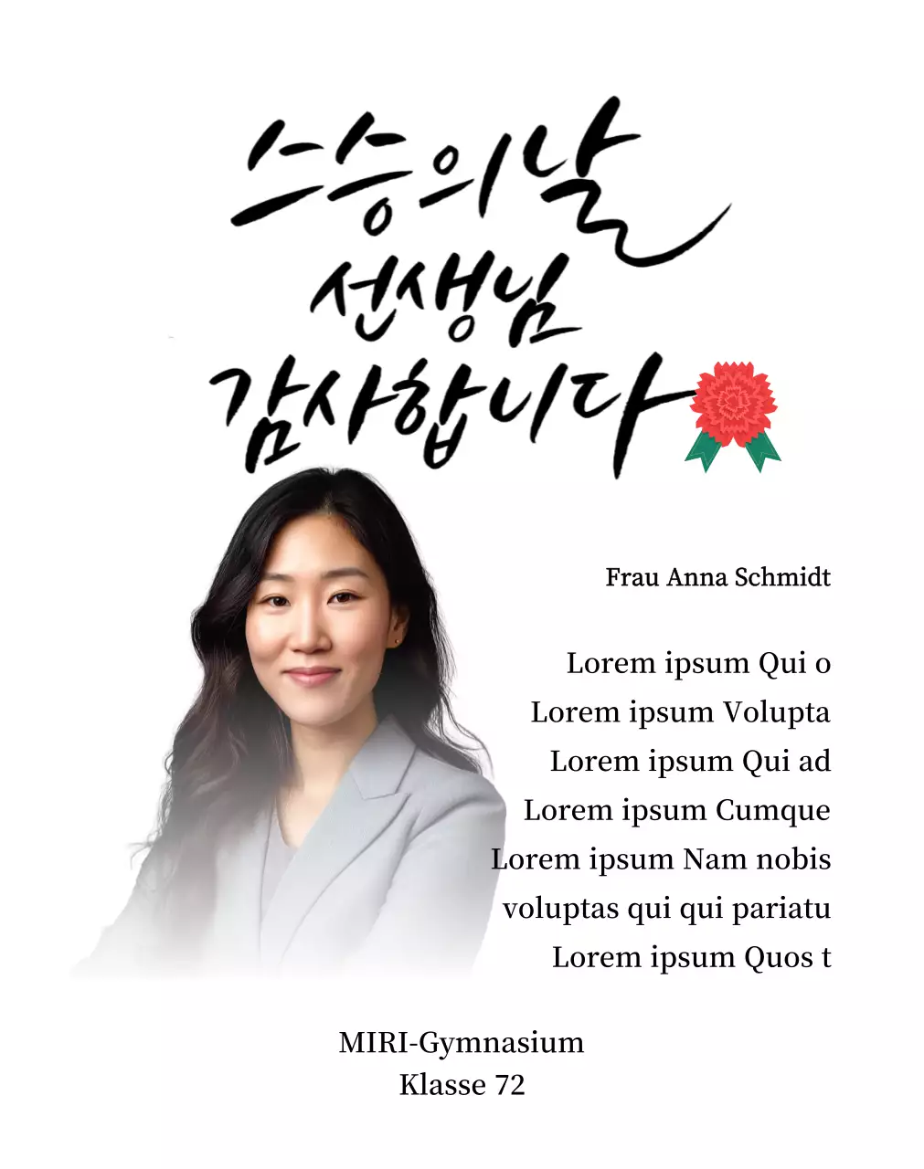 Eine farbenfrohe Dankeskarte zum Lehrertag mit Nelkenillustration, Kalligrafie und Foto