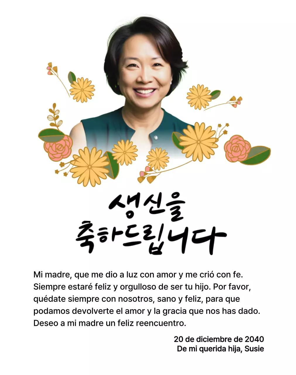 Feliz cumpleaños con una flor y una foto de tus padres