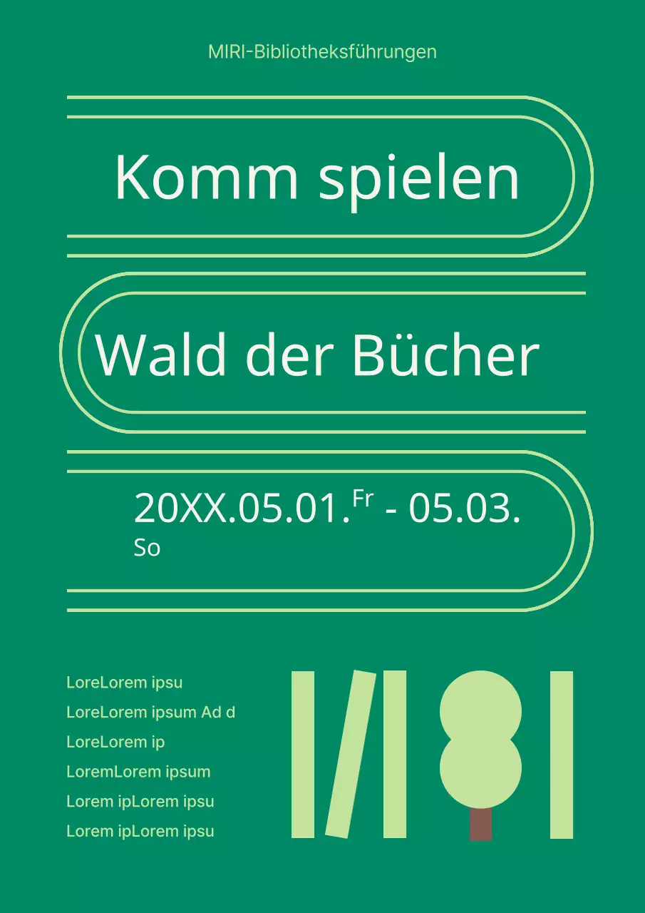 Eine einfache Bibliothek in den Farben Grün und Chartreuse Ankündigung der Bewerbung für die Bibliotheksführung