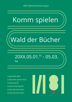 Eine einfache Bibliothek in den Farben Grün und Chartreuse Ankündigung der Bewerbung für die Bibliotheksführung