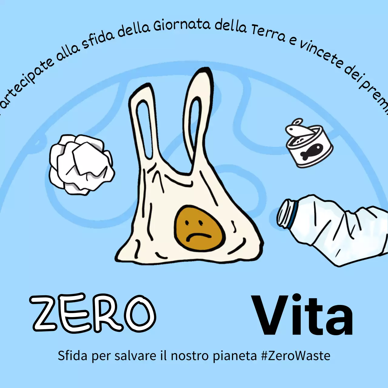 Un annuncio pop-artistico per la sfida ambientale della Giornata della Terra in azzurro e chartreuse.