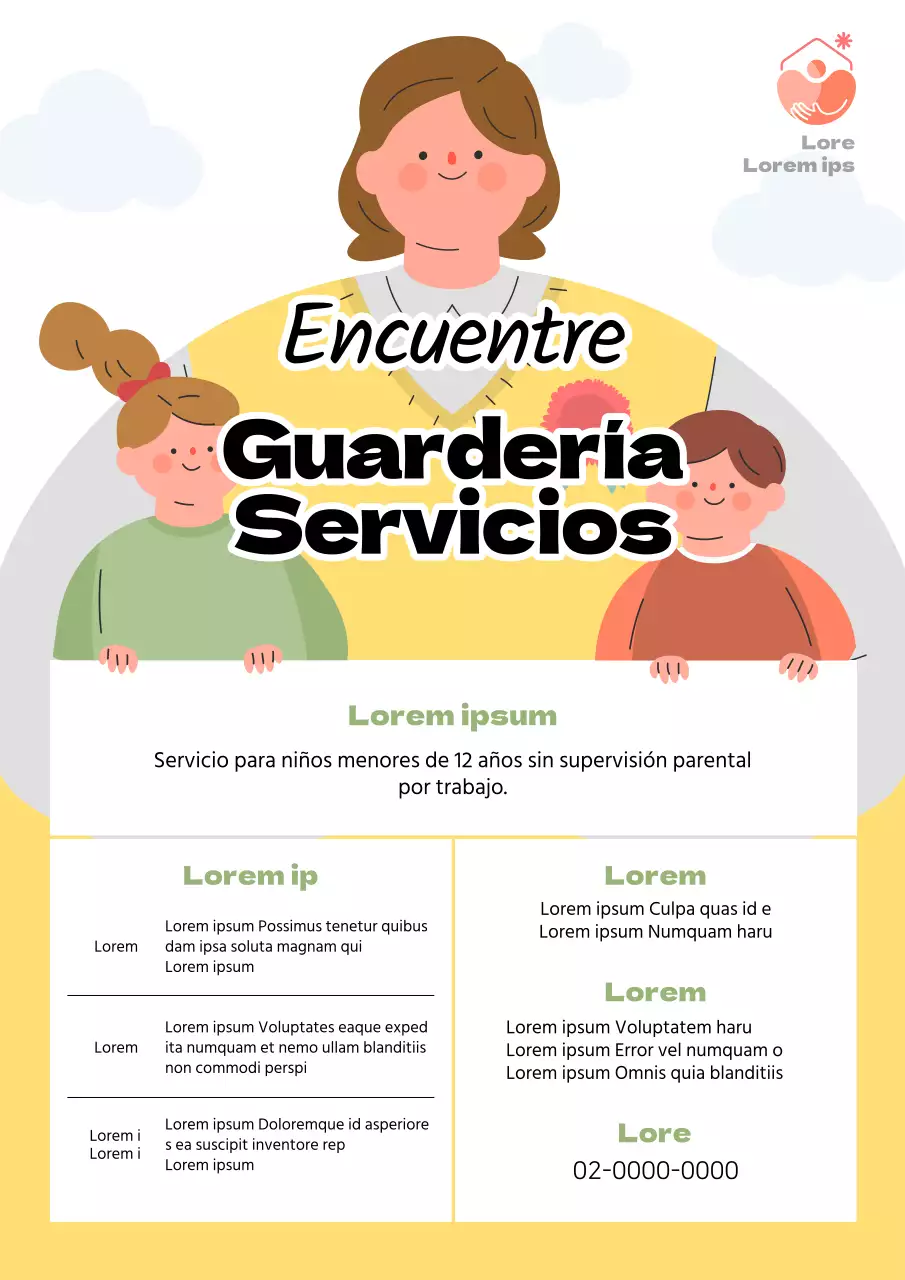 Bonito folleto amarillo y verde para promocionar servicios de guardería