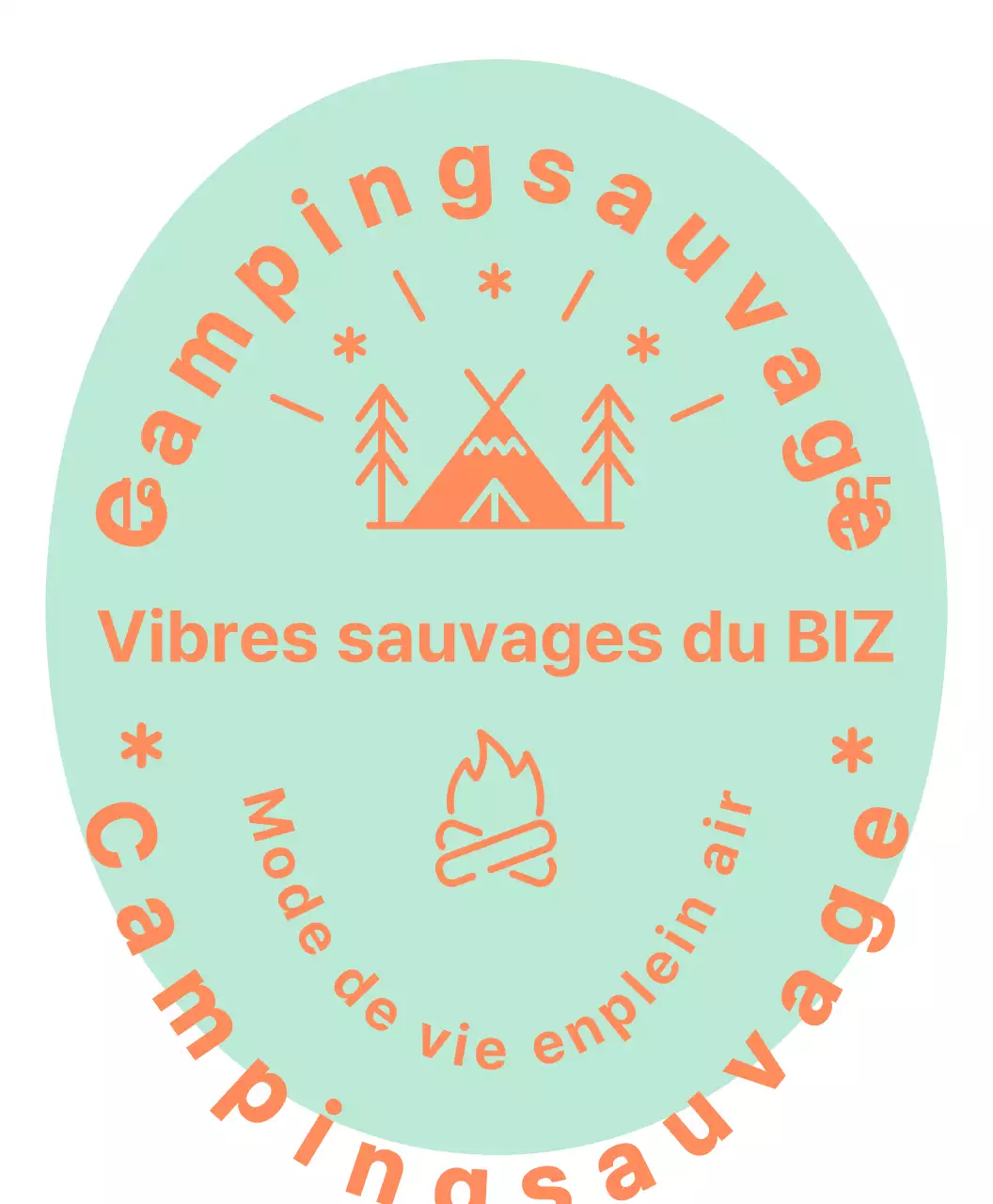 Logo d'un magasin de camping, illustration d'une tente, illustration d'un feu de camp.