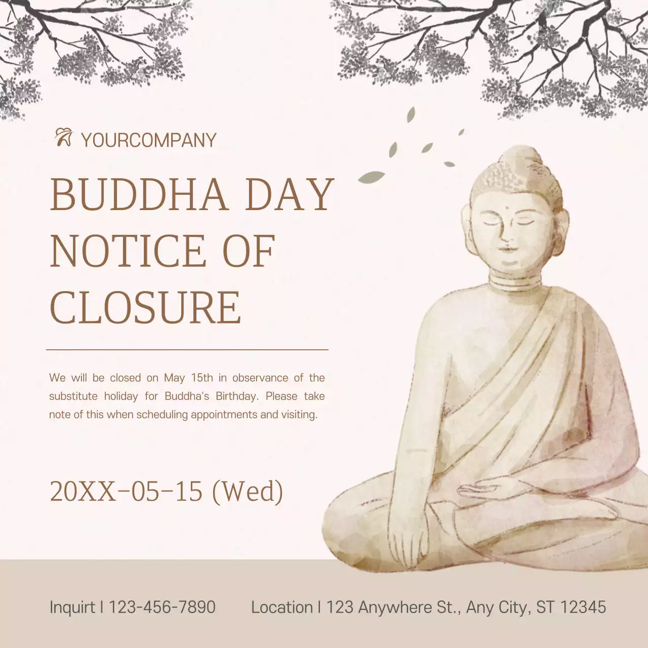 Announcing the traditional Buddha Day holiday closure in beige