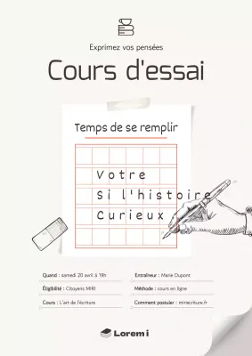 Affiche promotionnelle du cours d'écriture simple en couleur ivoire