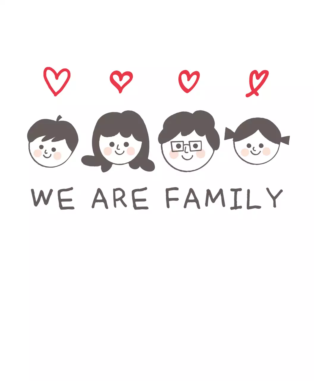 ドゥドゥル落書き風のひょろひょろとした文字と温かみのあるハートとかわいい家族イラストのTシャツ。