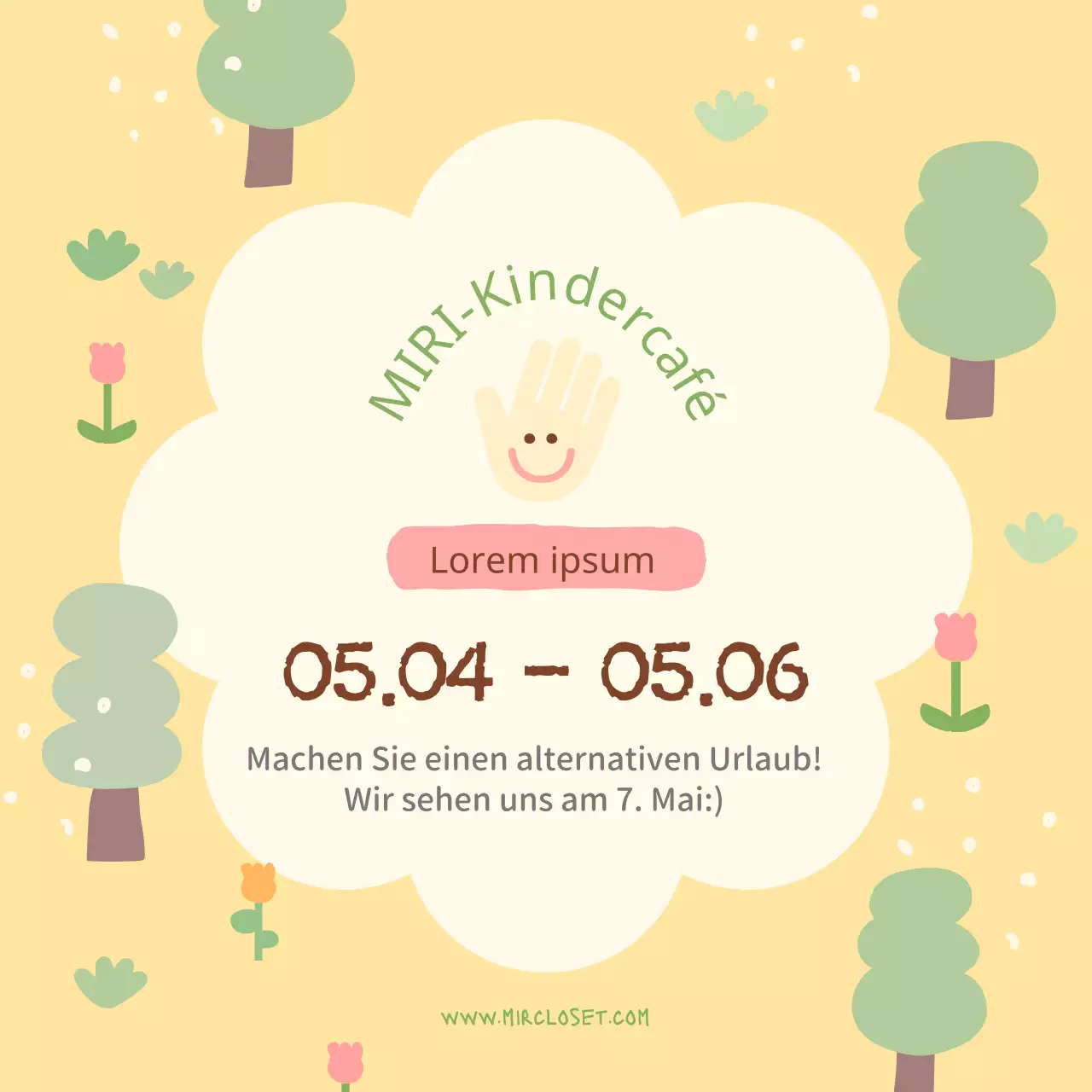 Eine minimalistische Mai-Ferienwerbung in Gelb und Rosa