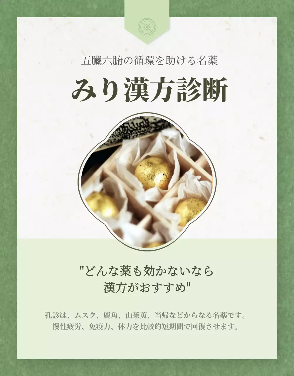 緑 上品 漢方薬 パンフレット 詳細ページ