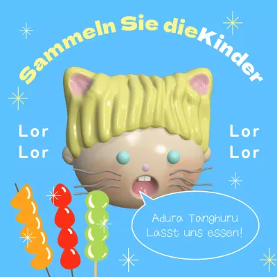 Kitschige Tanghuru-Verkaufsanzeige zum Kindertag in Hellblau und Gelb