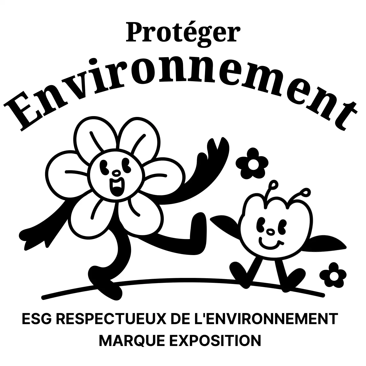 Souvenir de la foire écologique avec des illustrations au trait de personnages en forme de pétales