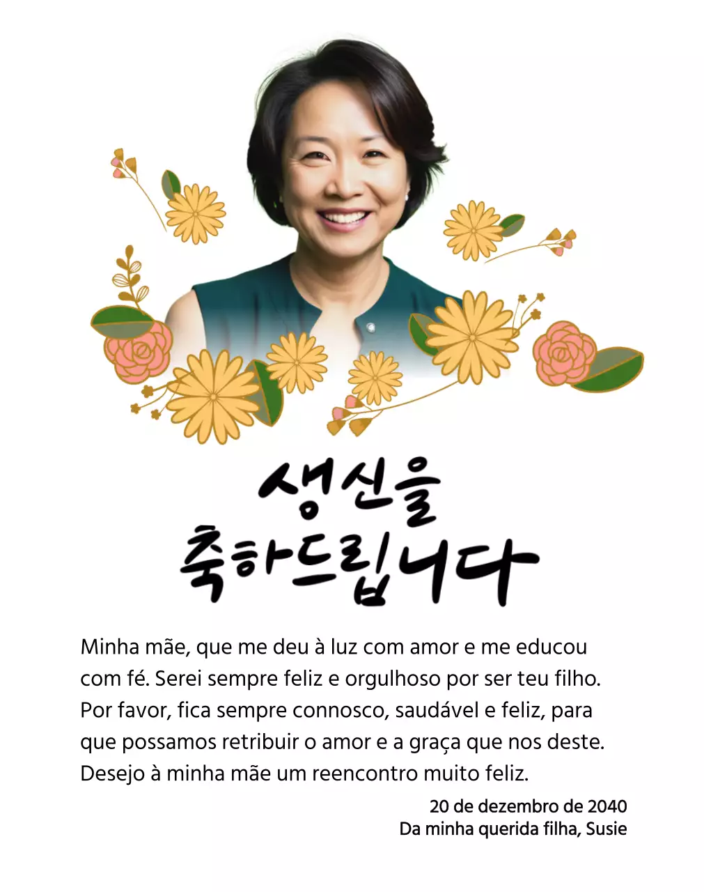 Feliz aniversário com uma flor e uma fotografia dos teus pais