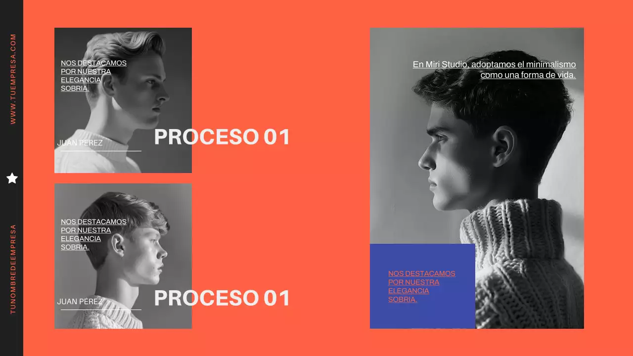 Perfil de empresa moderno y minimalista en naranja y negro