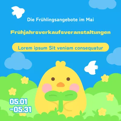 Eine hübsche Mai-Verkaufsanzeige in hellen Blautönen und Gelbtönen