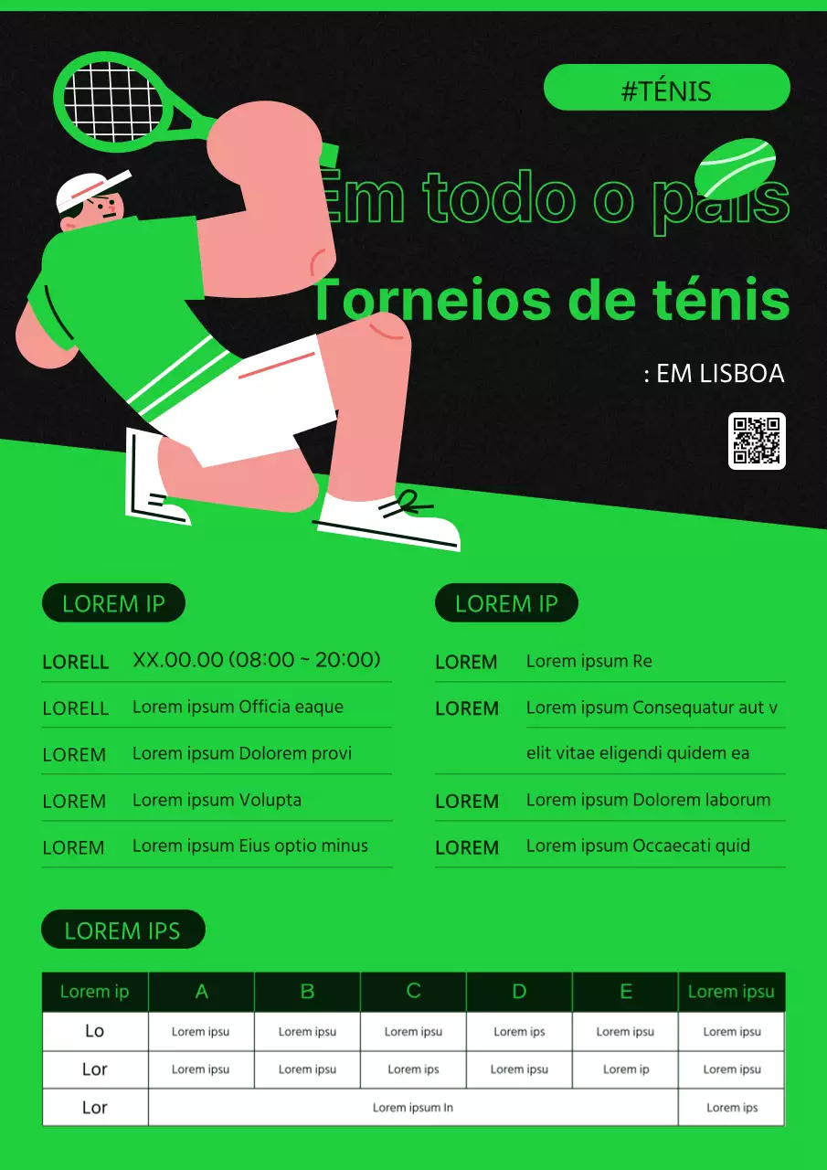 Folheto elegante do torneio nacional de ténis em verde e preto
