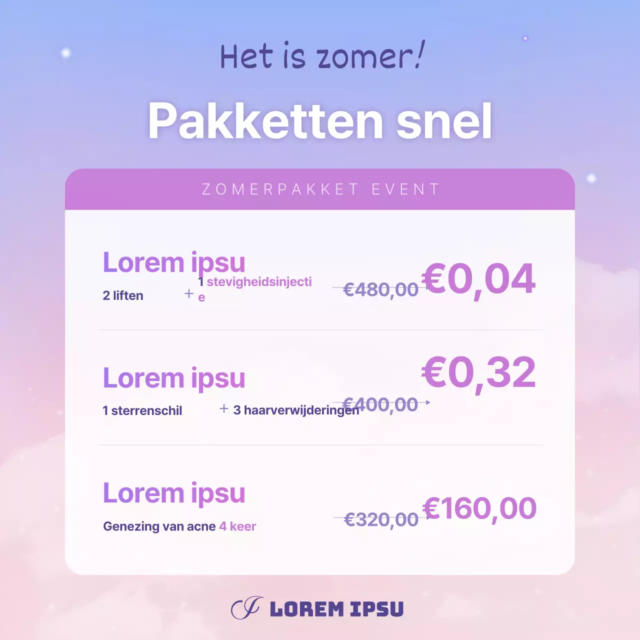 Trendy advertentie voor dermatologie en plastische chirurgie in paars en mauve