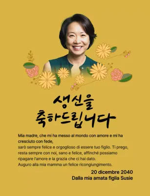 Buon compleanno con un fiore e una foto dei vostri genitori