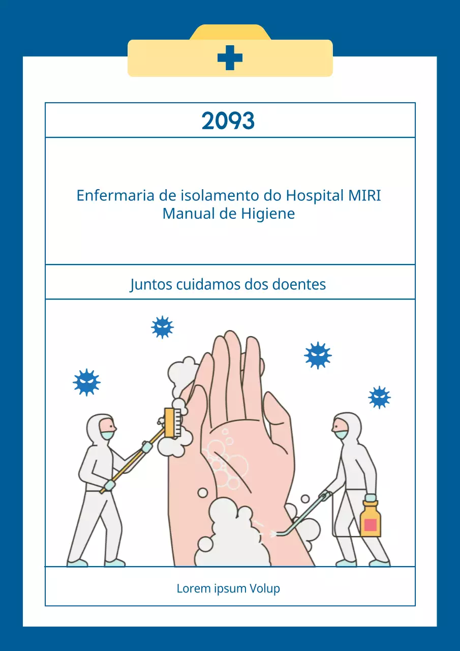 Materiais de formação do manual de higiene da enfermaria, coloridos a azul e amarelo