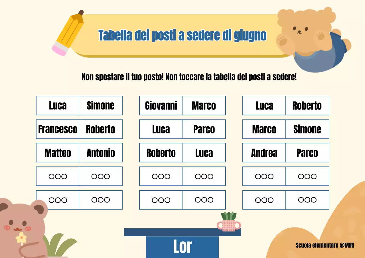 Informazioni sulla tabella gialla e semplice dei posti a sedere a scuola