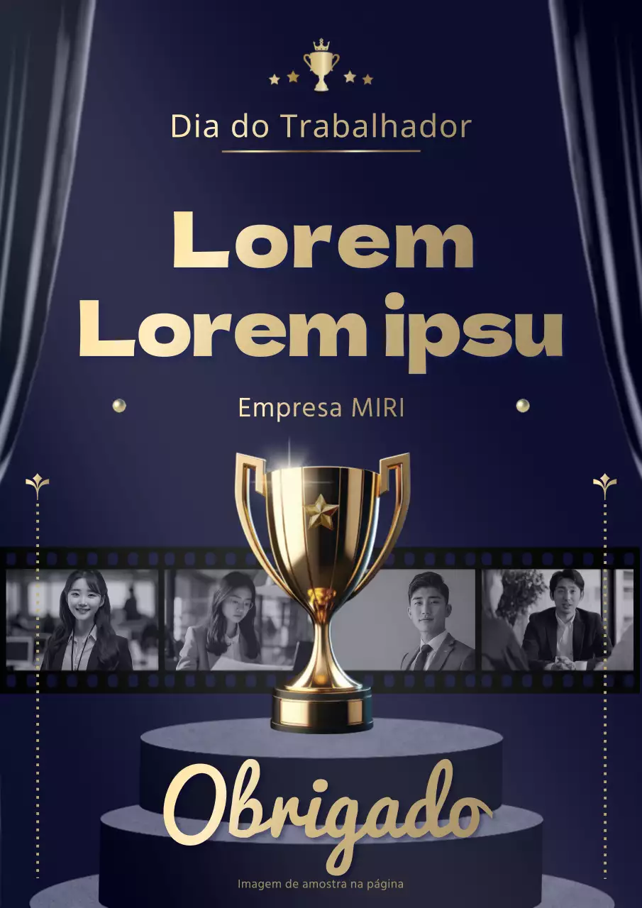 Um cartaz promocional para uma luxuosa cerimónia de entrega de prémios do Dia da Valorização do Trabalho em azul-marinho e dourado.