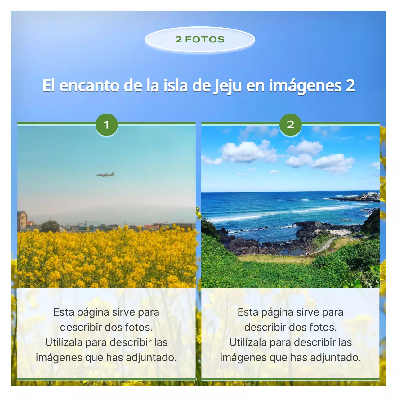 Un moderno poste guía del barrio de Jeju en verde claro y azul cielo