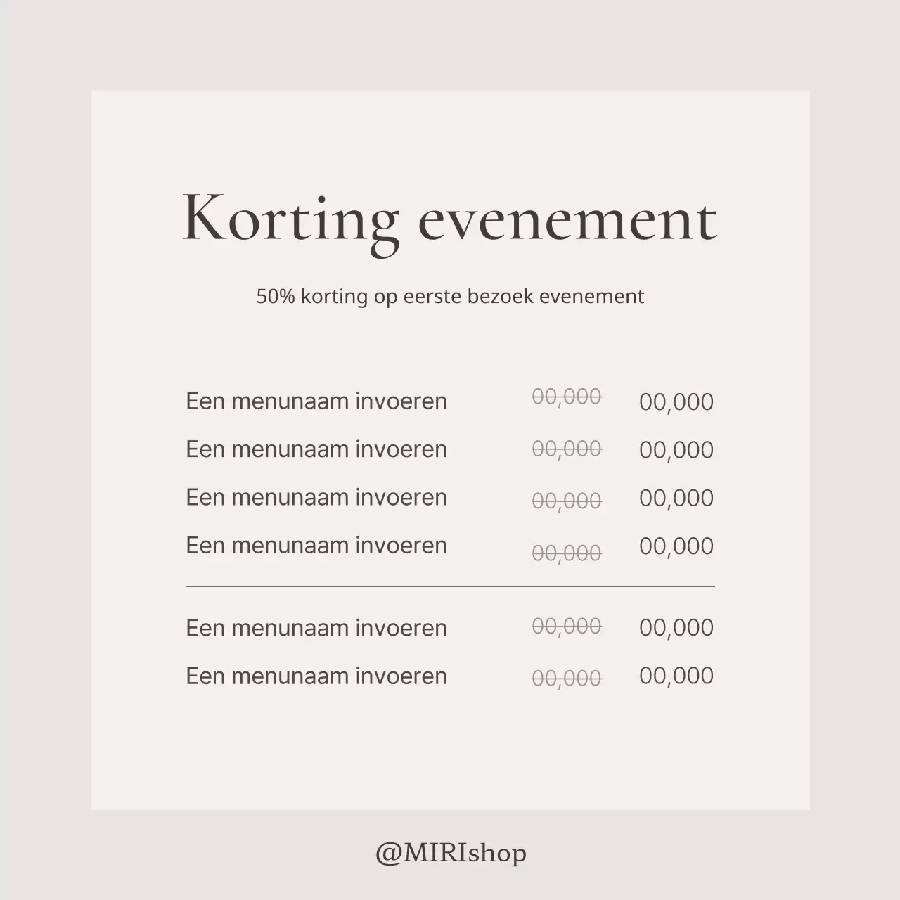 Een eenvoudige menukaart met prijzen in beige en ivoorkleur