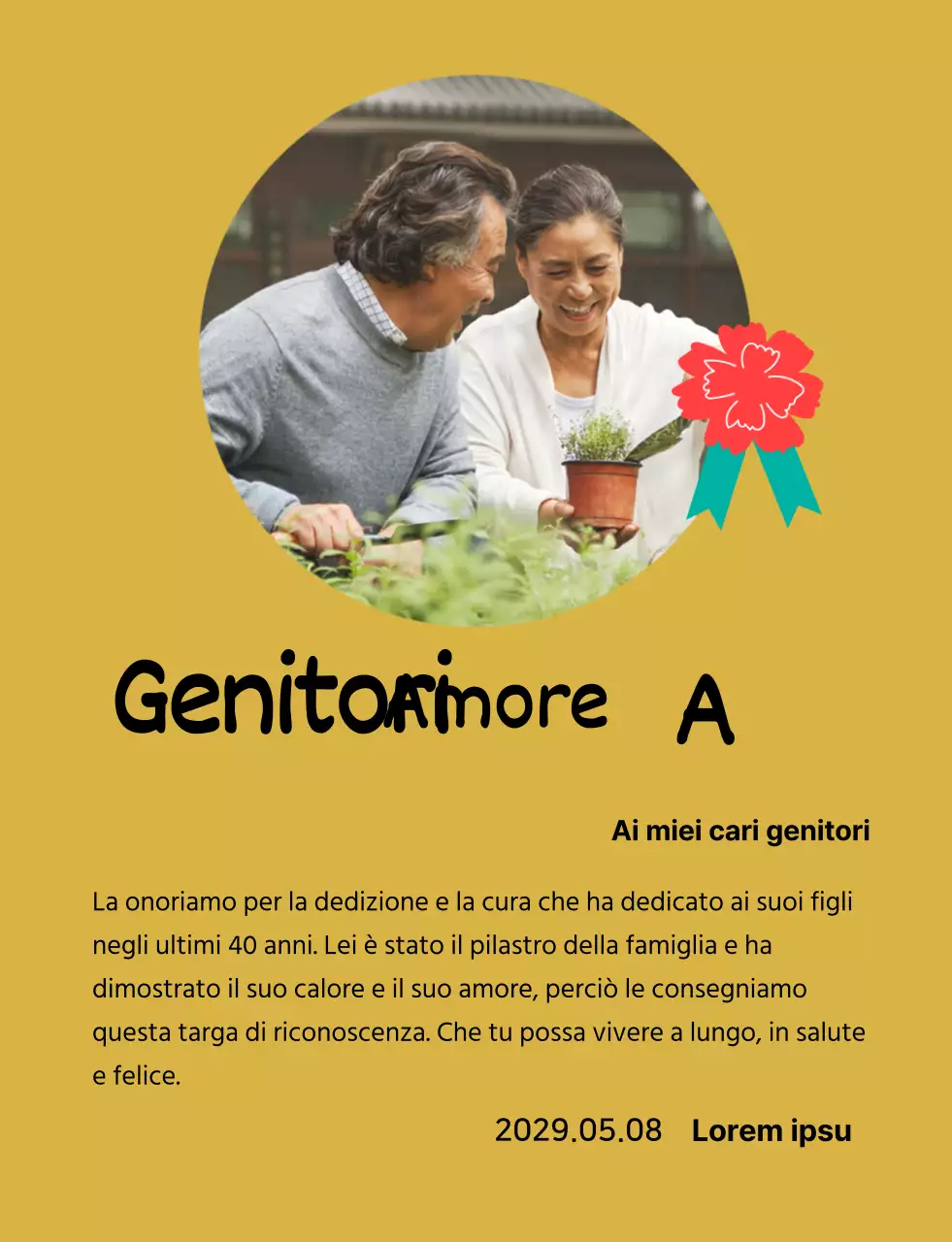 Una simpatica targa per la festa della mamma con un'illustrazione di garofani e una calligrafia con la vostra foto