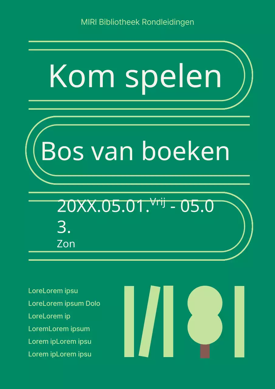 Een eenvoudige bibliotheek in groene en chartreuse kleuren Toepassingsaankondiging voor rondleiding door de bibliotheek