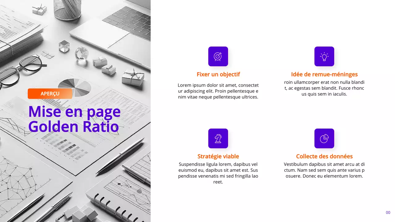 Pages de rapports marketing modernes indigo et orange avec différentes mises en page