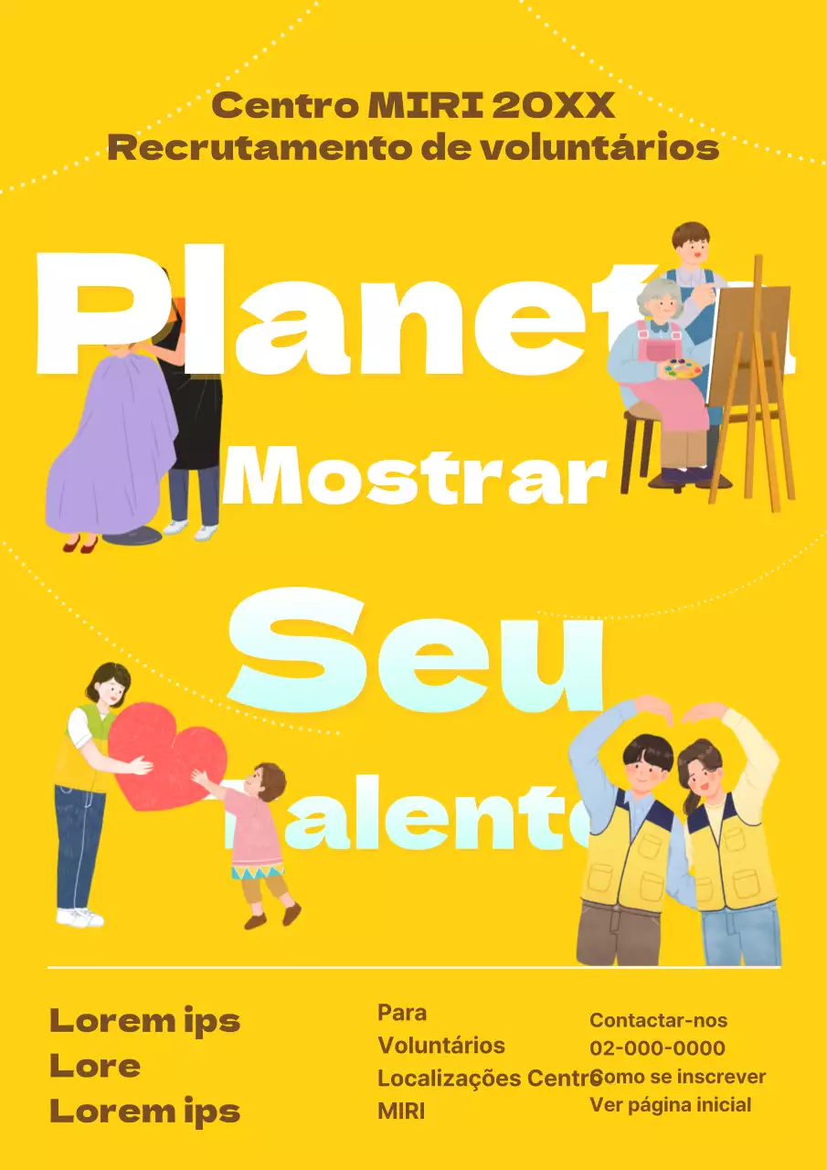 Cartaz de recrutamento de voluntários amarelo e azul claro