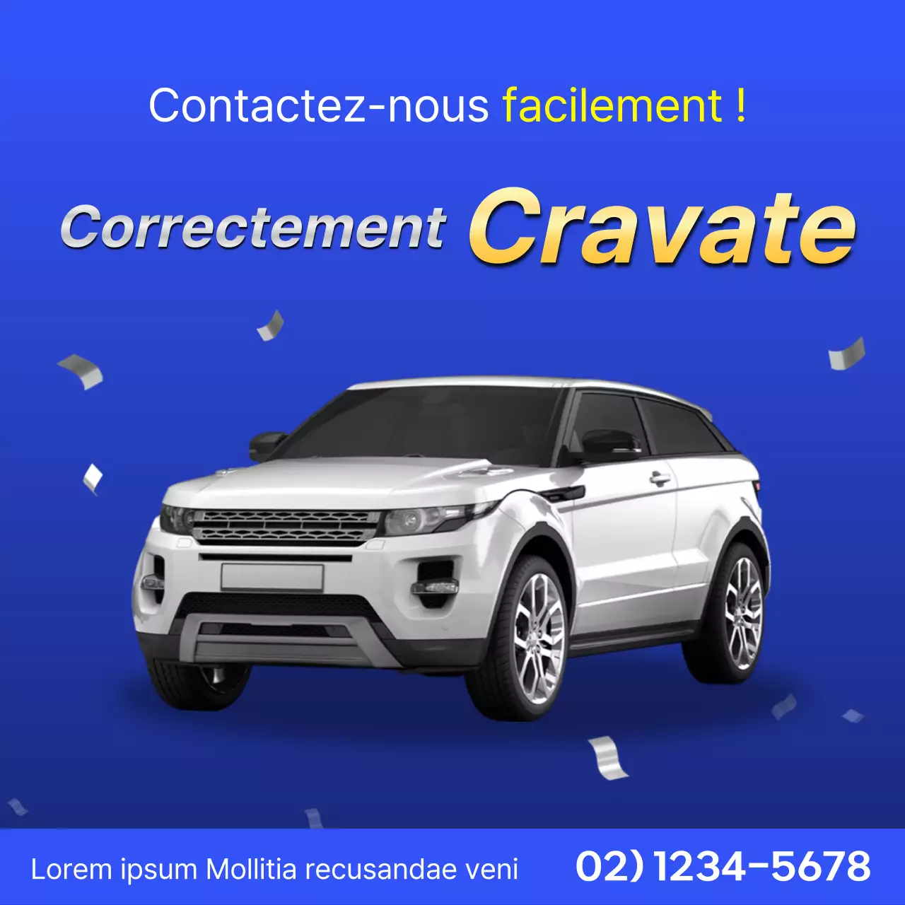 Promouvoir l'achat d'une voiture d'occasion cool en bleu marine et blanc