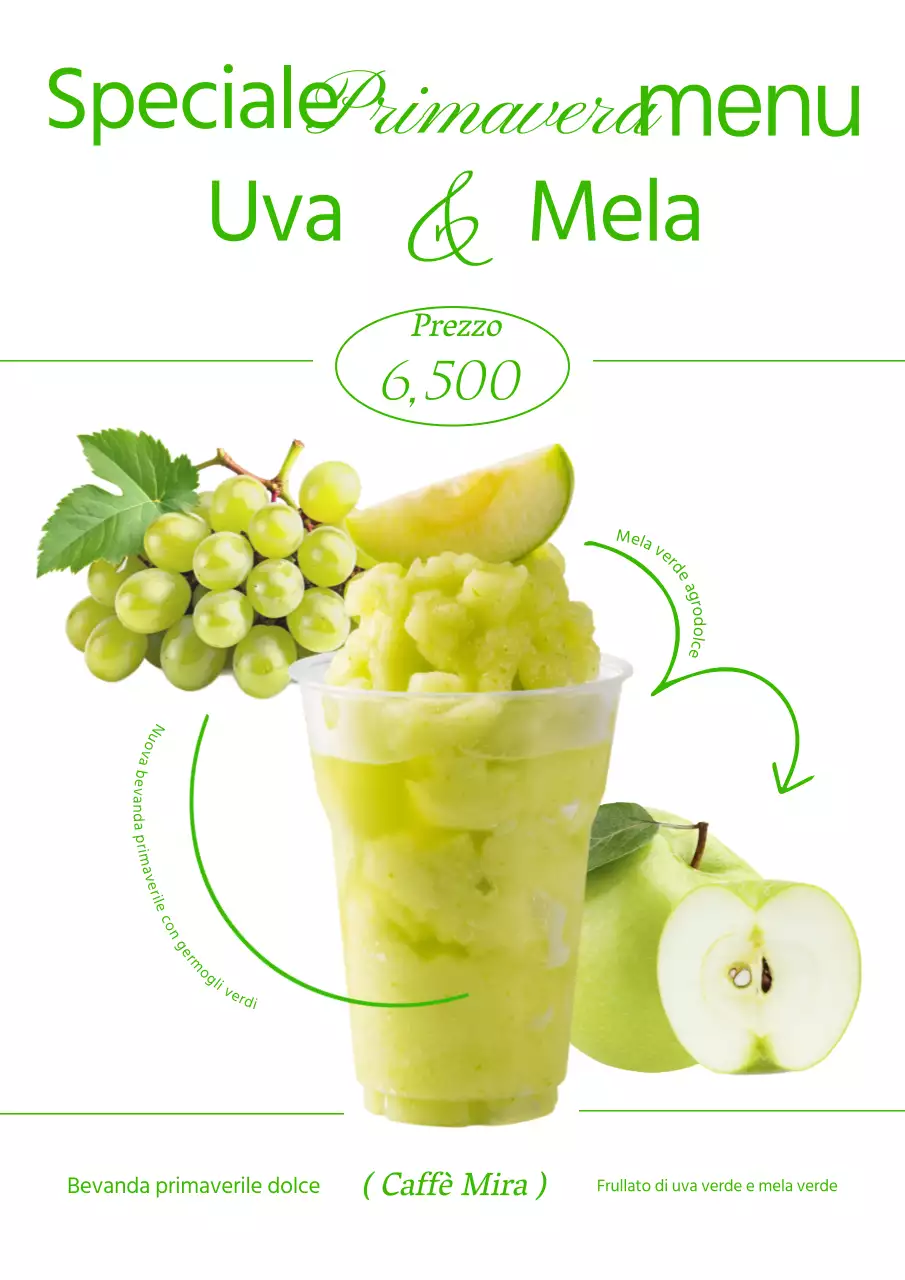 Semplice poster promozionale della bevanda primaverile stagionale uva verde mela verde in colore verde