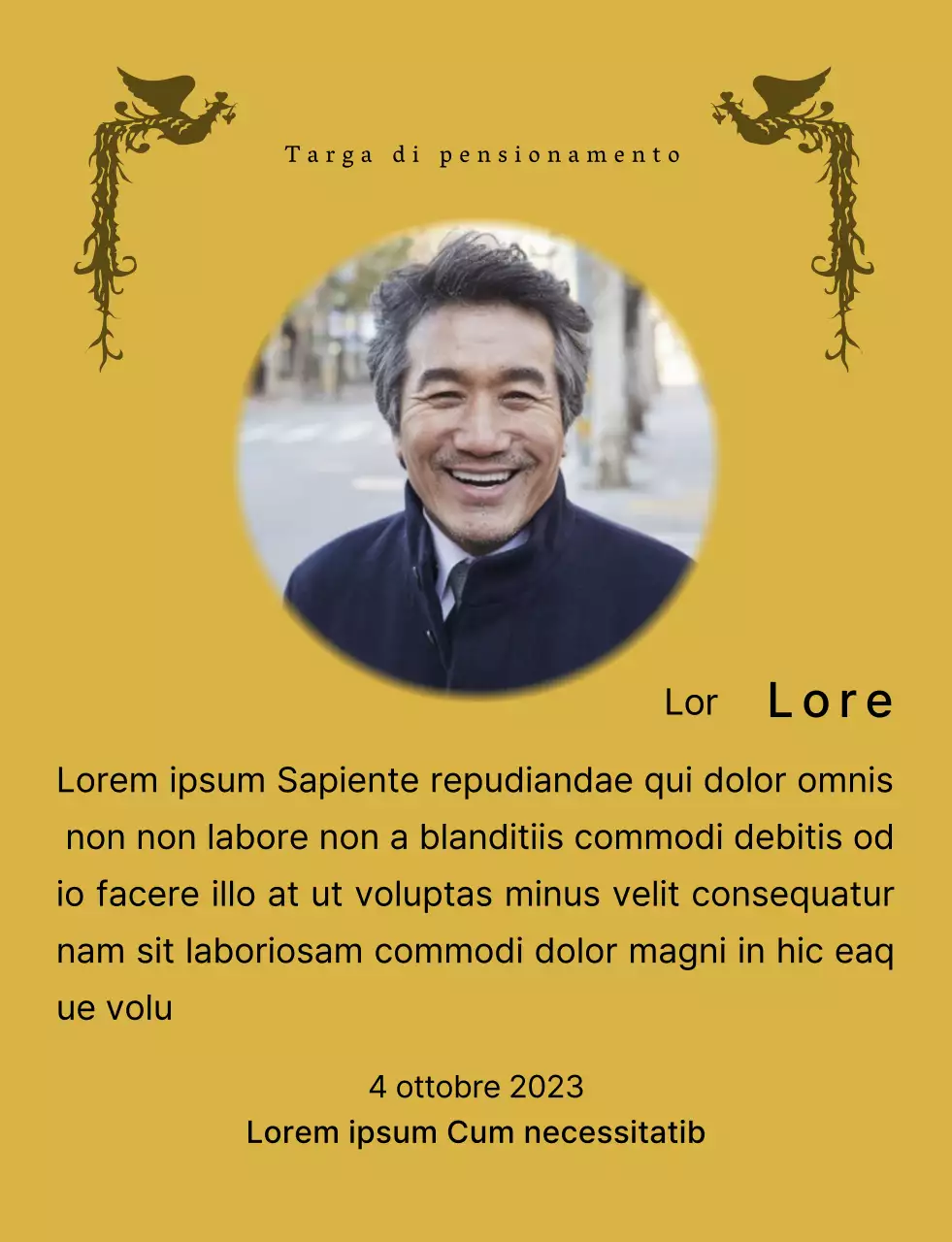 Un design per il pensionamento con un'illustrazione di una fenice colorata e una fotografia circolare.