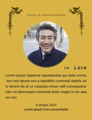 Un design per il pensionamento con un'illustrazione di una fenice colorata e una fotografia circolare.