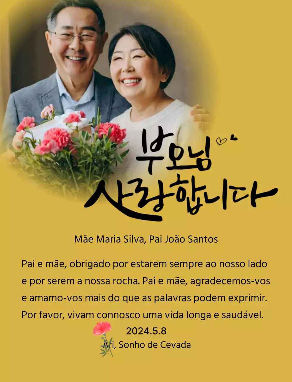 Desenho do Dia da Mãe com cravos e texto de caligrafia sentimental