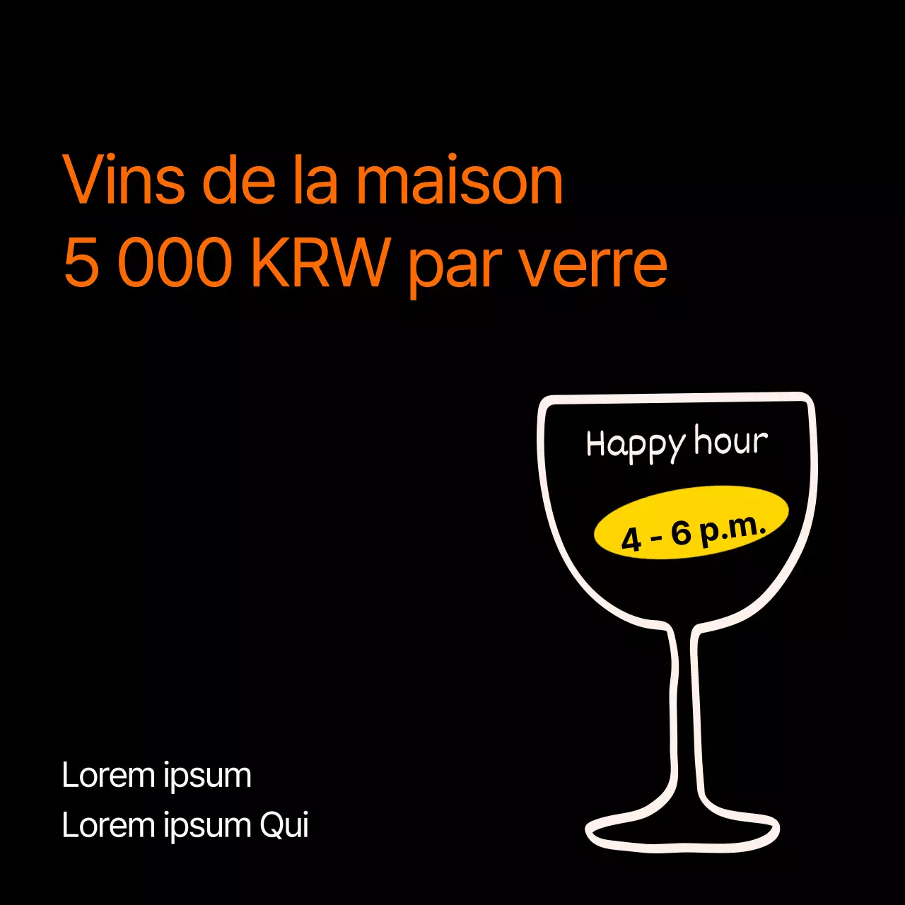 Une publicité minimaliste pour l'happy hour en noir