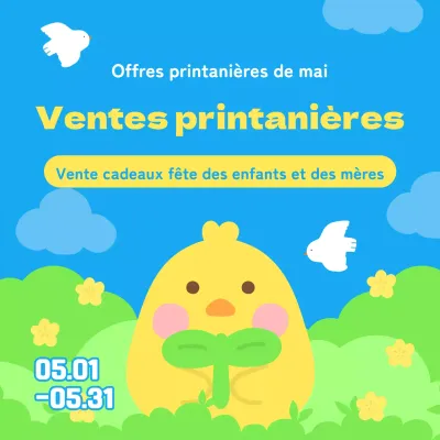 Une jolie publicité pour les soldes de mai dans des tons bleus et jaunes clairs