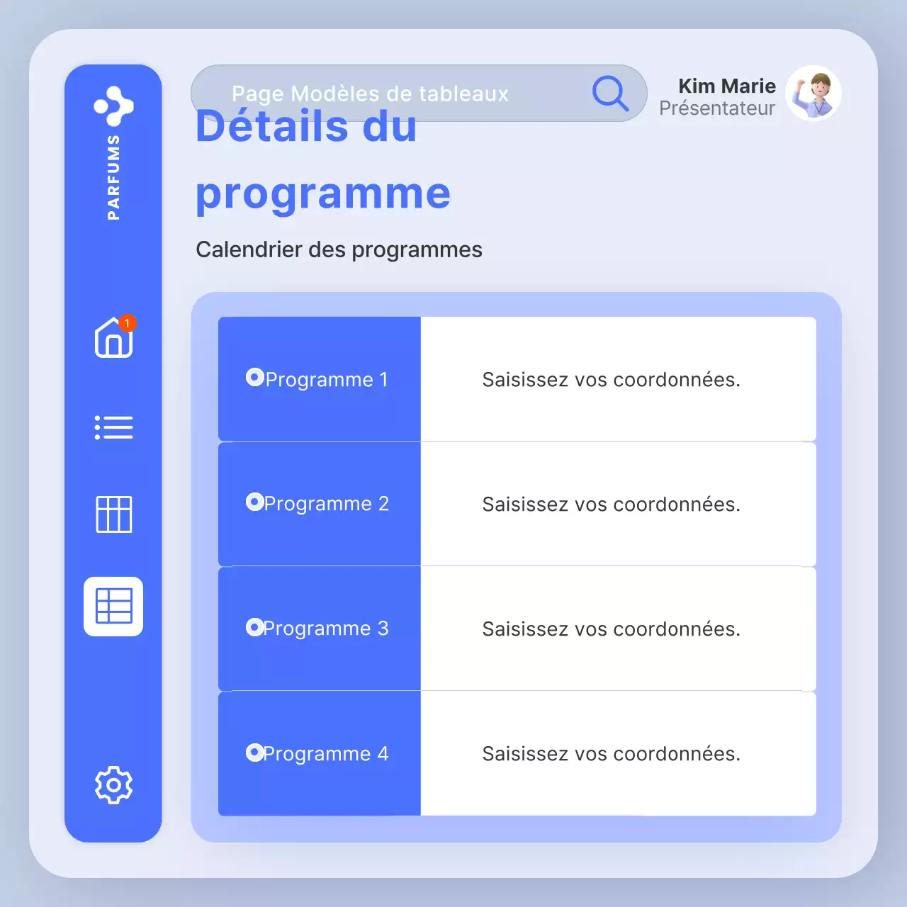 Annoncer l'utilisation tendance de tables bleues et blanches