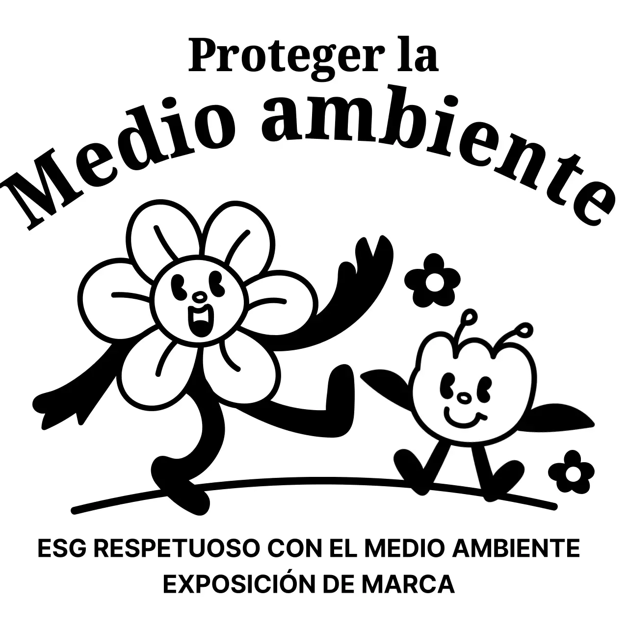 Recuerdo de la feria ecológica con ilustraciones lineales de personajes de pétalos