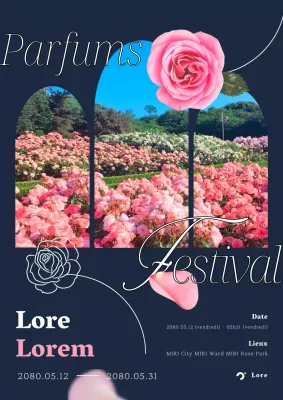 Affiche promotionnelle du Festival des roses en bleu marine et rose