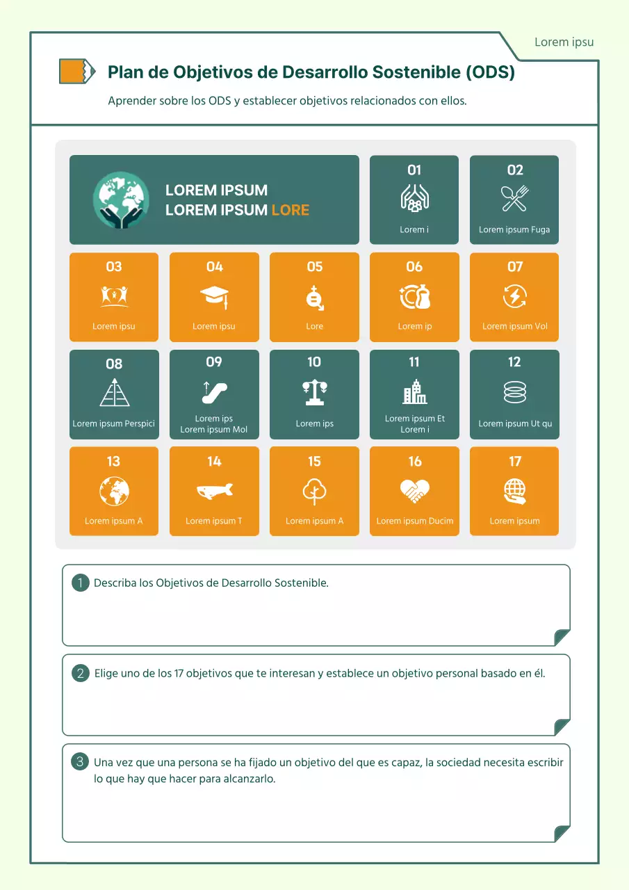 Plan de lección sencillo sobre los Objetivos de Desarrollo Sostenible en verde y naranja