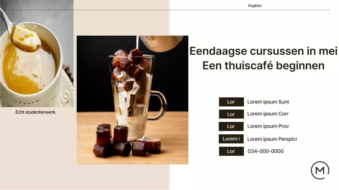 Een eenvoudige koffieshop in beige en wit uitgelegd