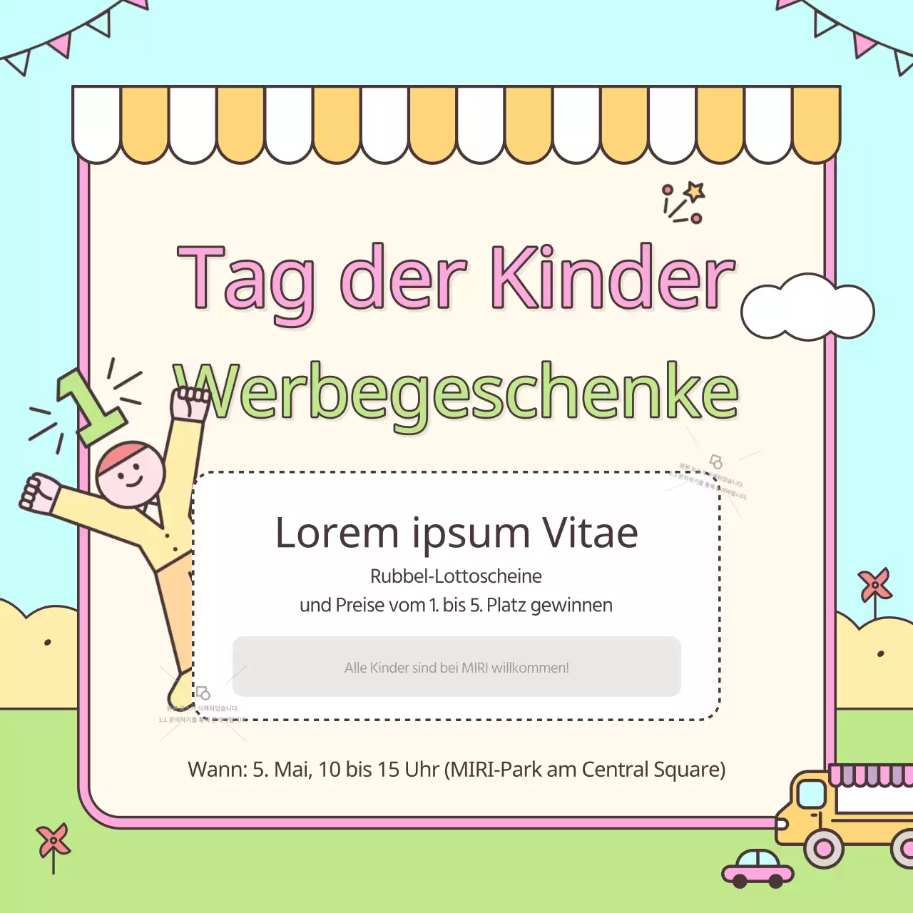 Werbung für eine kitschige Kindertagsveranstaltung in Rosa und Chartreuse