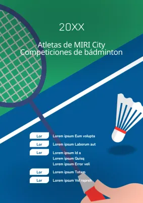 Un sencillo folleto promocional en azul y blanco para un torneo de bádminton