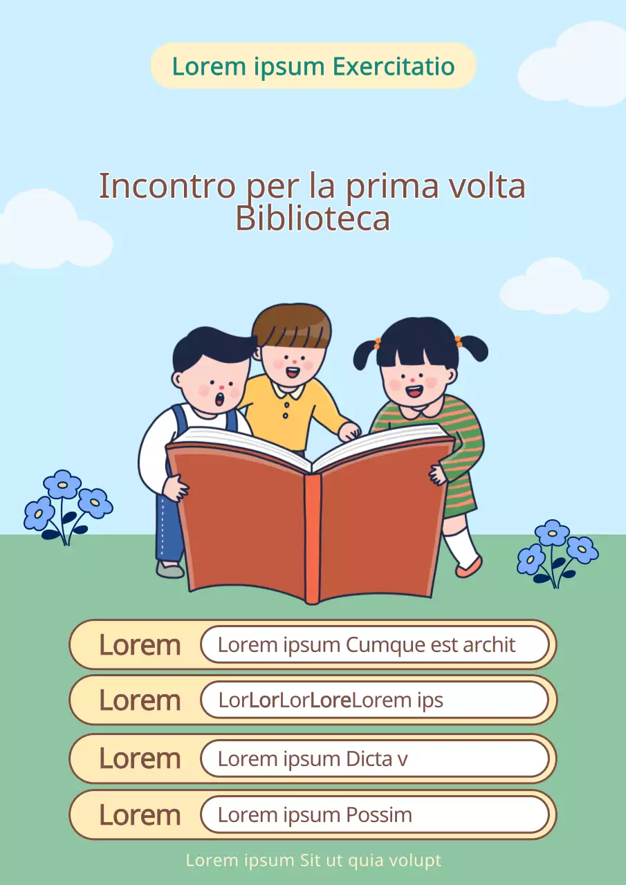 Simpatico volantino giallo e marrone che promuove il programma di una gita in biblioteca per bambini
