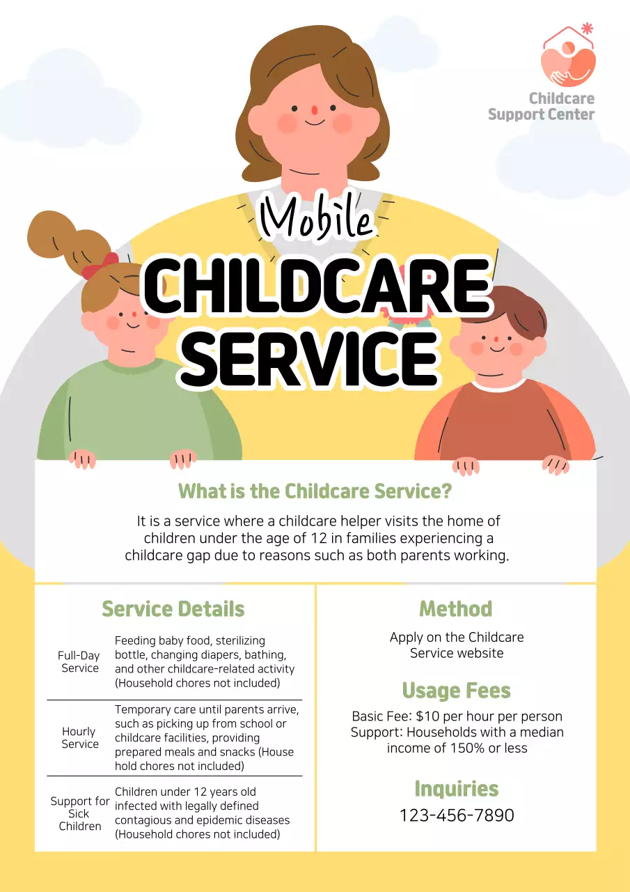 A cute yellow and green flyer for a childcare service.